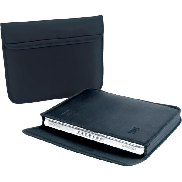 A black laptop sleeve with a zip opening and inner padding, featuring a subtle logo on the exterior.