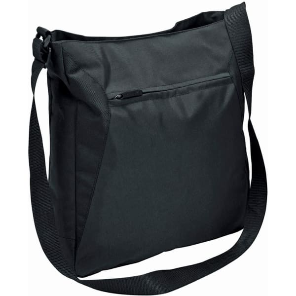 A black tote bag with a shoulder strap and a front pocket, featuring a logo on the exterior. 