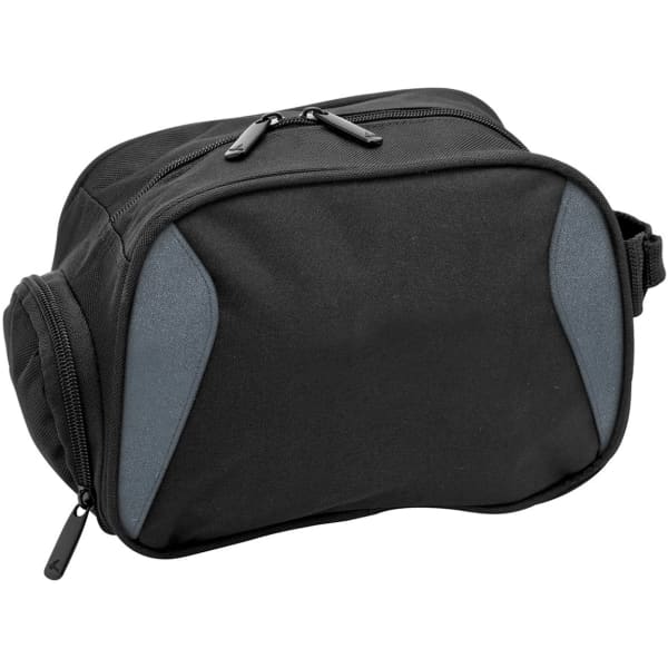 A black toiletry bag with grey accents, featuring a main compartment and a side pocket, and has a logo.