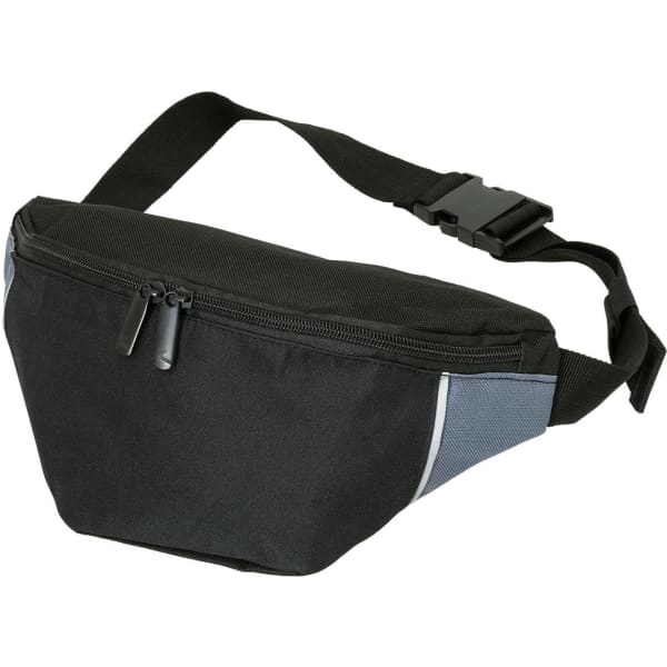 A black and grey waist bag featuring a front zip pocket and an adjustable strap. Includes a branding logo.