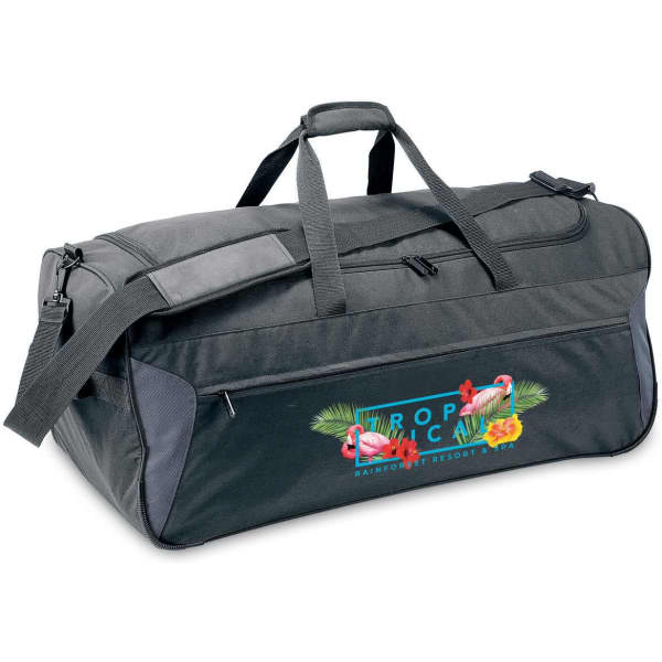 A black wheeled duffle bag featuring a logo and colourful tropical graphics on one side.