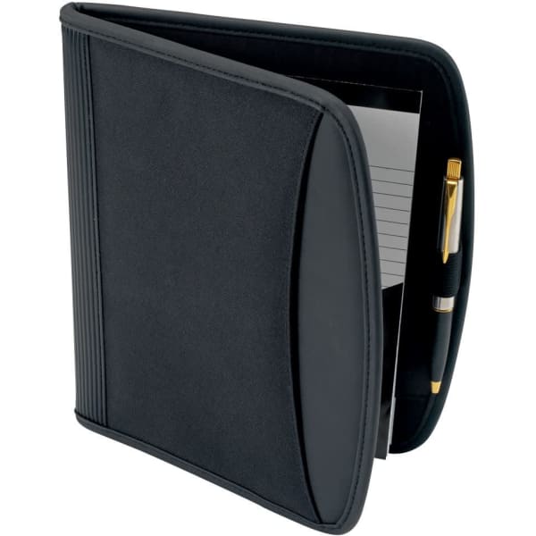 A5 folder in black with a pen and a notepad inside, featuring a simple design and a logo.