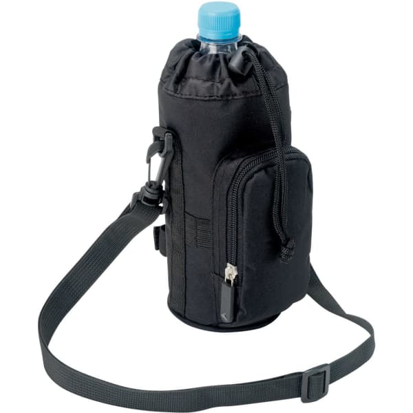 A drink bottle is nestled in a black cooler bag with a strap and a zippered pocket. The bag features a drawstring closure.