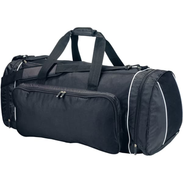A large black duffle bag with multiple zip compartments and two sturdy handles. It features a side pocket and a logo.