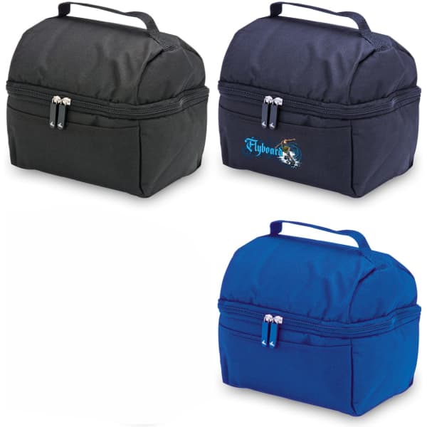 A trio of lunch bags in black, navy, and blue, featuring durable handles and zippers. One has a logo.