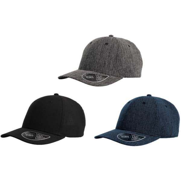 Three caps in black, grey, and navy, each featuring a logo on the front.
