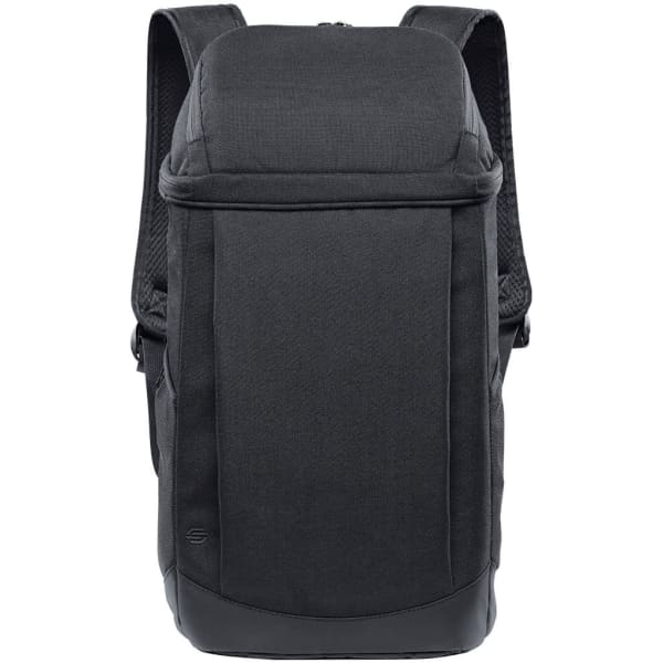 A black cooler backpack features padded shoulder straps and a zippered compartment. It has a logo on the front.
