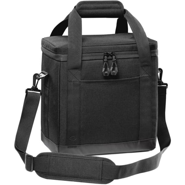 A black cooler bag with a zippered top, carrying handles, a shoulder strap, and a front pocket.