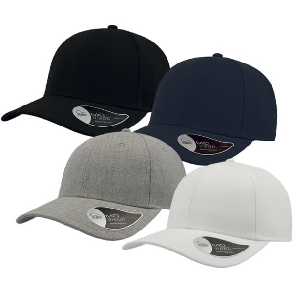 A collection of four caps in black, navy, grey, and white, featuring a logo and different textures.