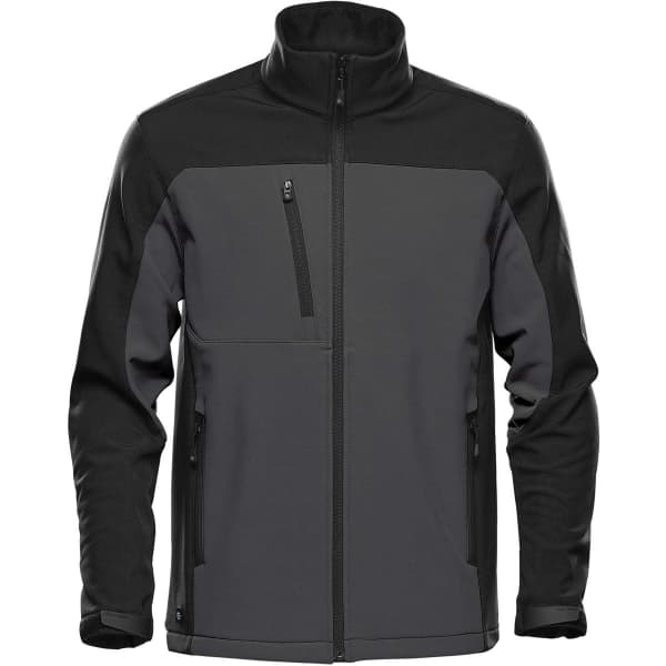 Men's softshell jacket in grey and black, featuring a zippered chest pocket and a full front zip, with a logo.