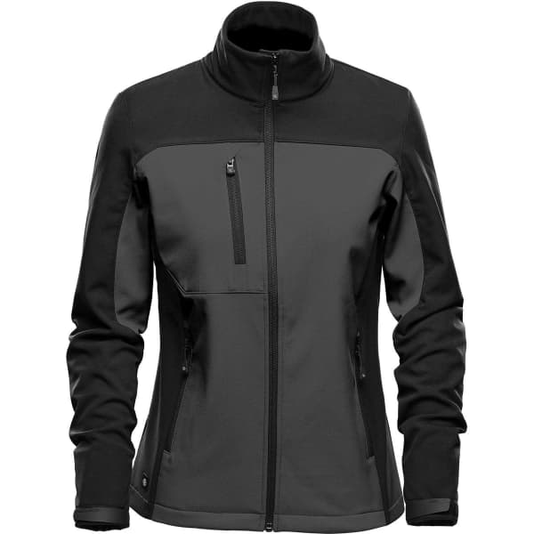 A women's softshell jacket in black and grey, featuring a zippered front and pockets. It includes a logo on the chest.