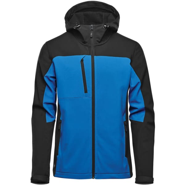 A men's hoodie featuring a blue body with black accents and a hood. Includes a zippered pocket on the chest.