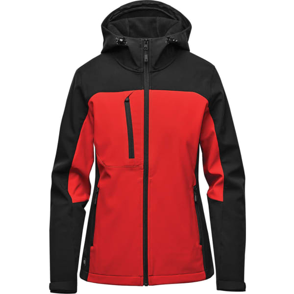 A women's hoody in red and black, featuring a zip closure and a hood, with a logo.