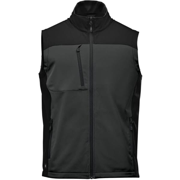 A men's softshell vest in dark grey with black accents, featuring a front zip and multiple pockets.