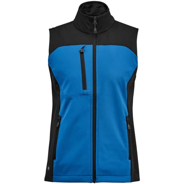A women's vest featuring a blue front and black sides, with zip pockets and a high collar. It has a logo.