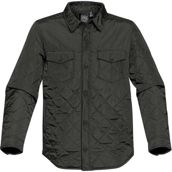 A green diamond-quilted men's jacket featuring a button-up front and pocket details. It has a logo on the label.