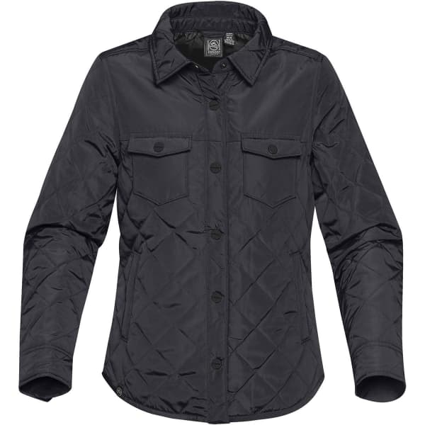 A women's jacket in black with a diamond quilted pattern, featuring a button front and two chest pockets.