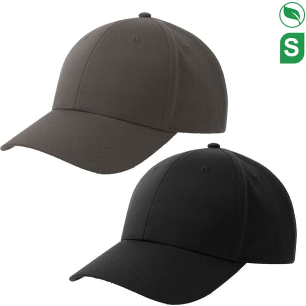 A dark grey and black cap made from recycled polyester, featuring a simple design and a logo on the side.