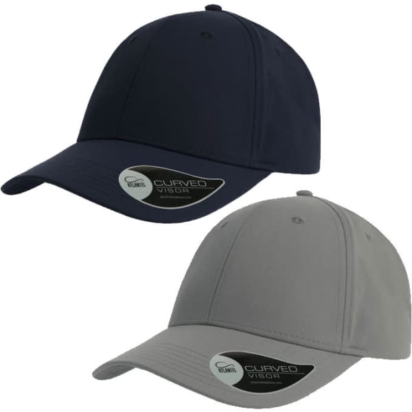 A navy and a grey cap with a curved visor, featuring a logo on the front of each.
