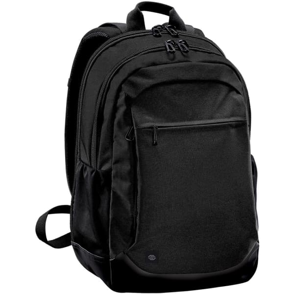 A black laptop bag with multiple zippers and pockets, featuring a logo on the front.