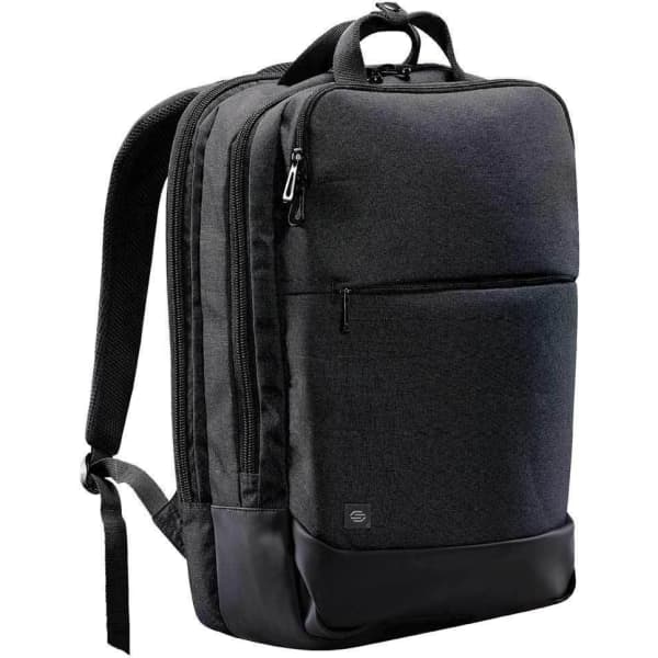 A black laptop backpack featuring multiple compartments and a textured fabric with a smooth base. It has a logo.
