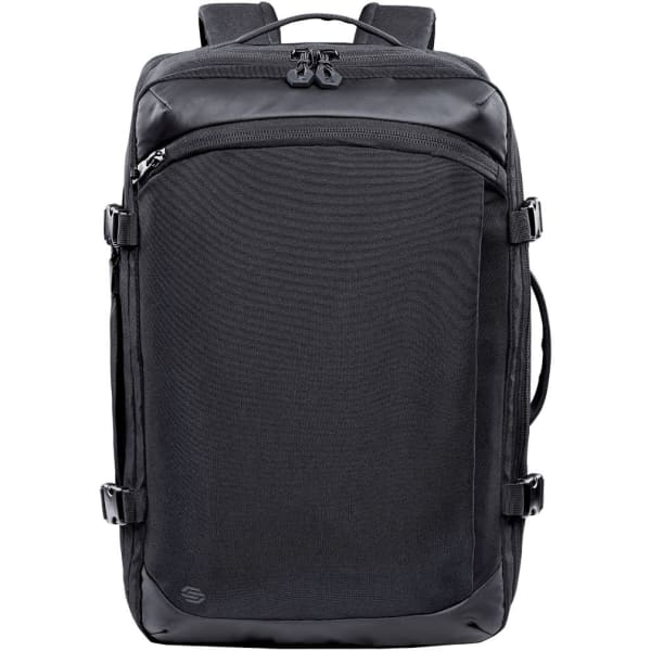A black backpack with multiple compartments, zippers, and straps, featuring a logo on the front.