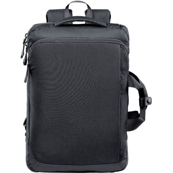 A black laptop backpack with padded straps, a top handle, and a logo on the front.