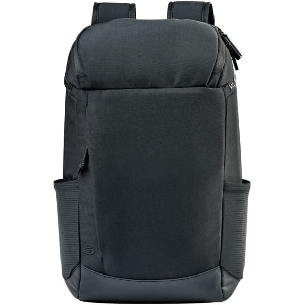 A black backpack with a sleek design, featuring multiple compartments and a logo on the side.