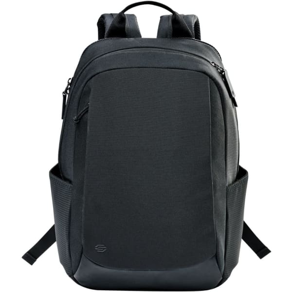 A black computer backpack featuring padded straps, multiple compartments, and side pockets. It has a branding logo on the front.