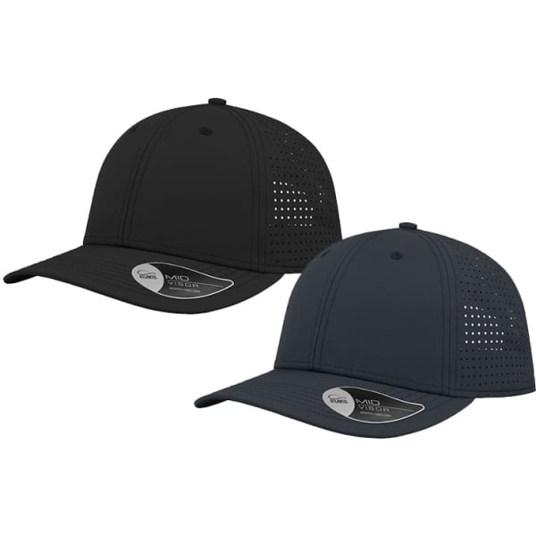 A pair of caps featuring perforated panels, one in black and the other in dark green. Each has a logo.
