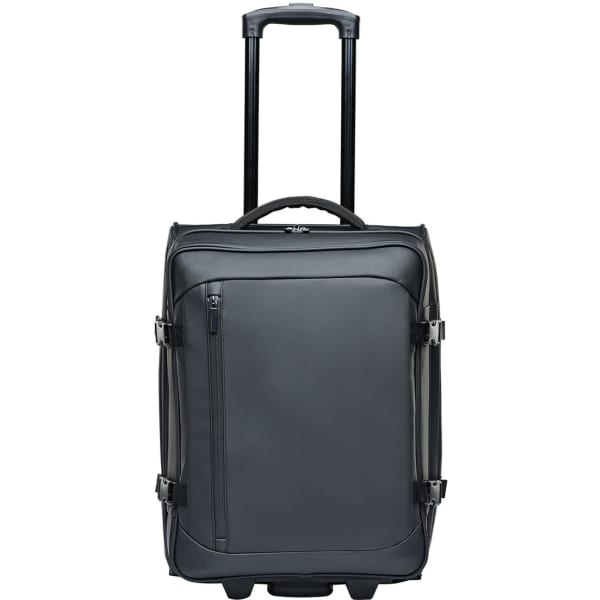 A grey wheeled carry-on bag featuring a retractable handle and side straps, designed for travel convenience.