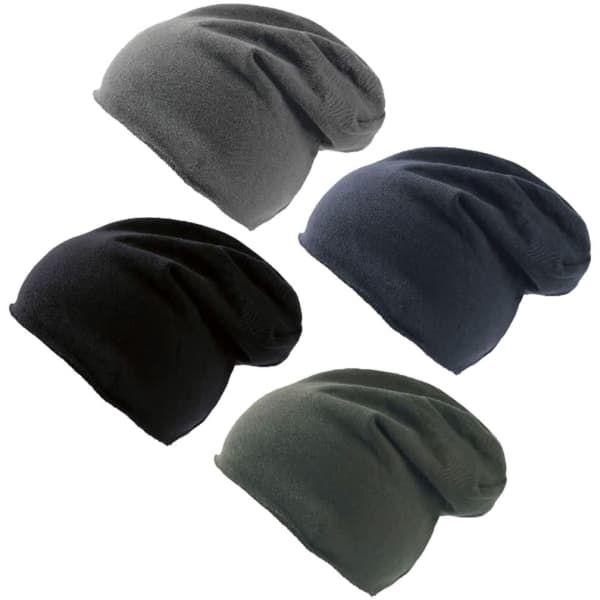 A collection of four beanies in grey, black, navy, and olive green, featuring a simple design and a logo.