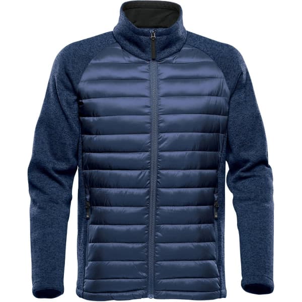 A navy blue hybrid jacket featuring a quilted front and fleece sleeves, with a high collar and zip closure.