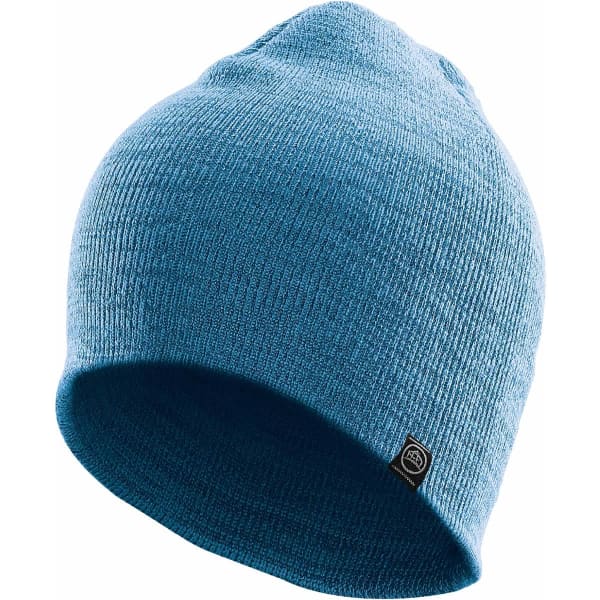 A blue knit beanie with a small logo tag on the side.