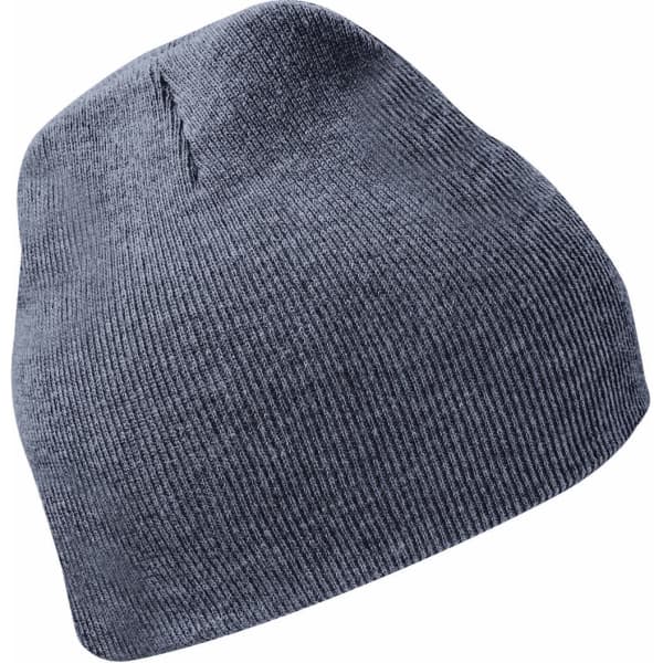 A grey knit beanie with a textured design, featuring a logo.