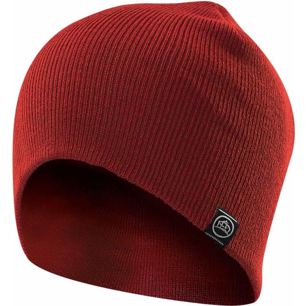 A red knit beanie with a tag featuring a logo, displaying a snug fit and textured fabric.