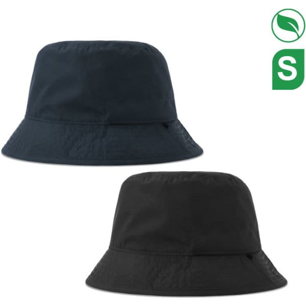 A navy and a black recycled polyester bucket hat with a brim, featuring a logo on one side.