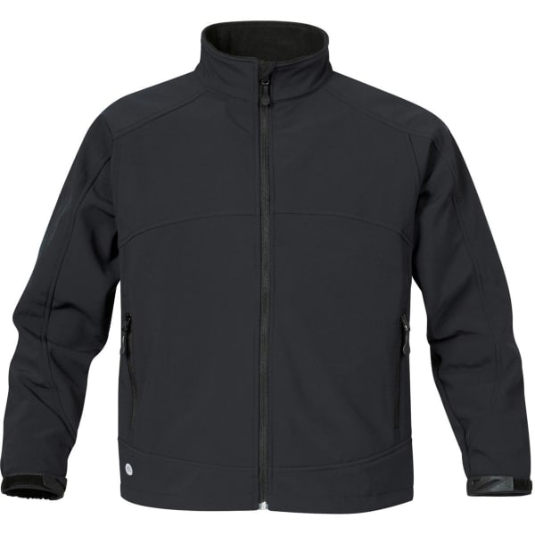 A black soft shell jacket featuring a full zip, pockets, and a collar. It includes a logo on the design.