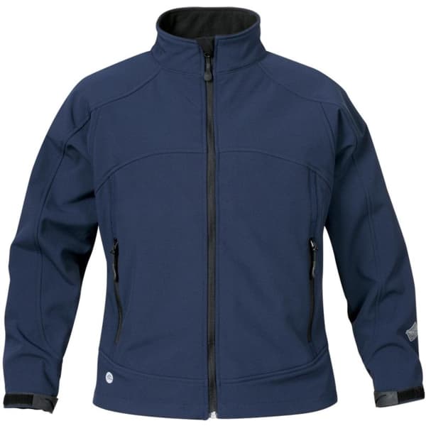 A navy blue women's soft shell jacket featuring a zip front, two side pockets, and a logo on the sleeve.