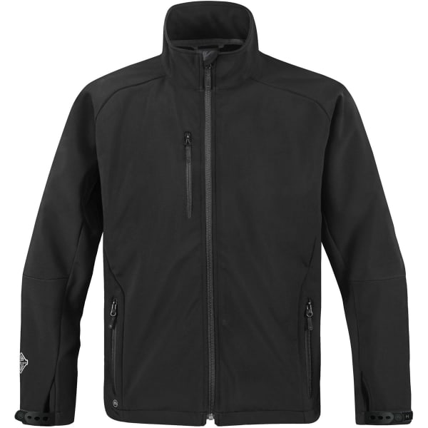 A black soft shell jacket with zippered pockets and a high collar. It features a logo.