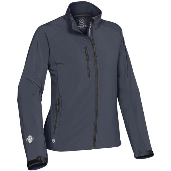 A women's ultra-light soft shell jacket in dark grey, featuring a zip closure and zippered pockets. It has a logo on the sleeve.
