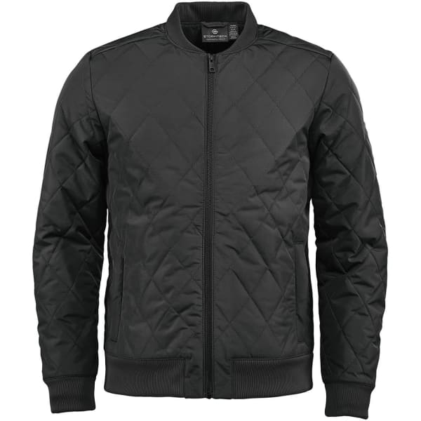 A black thermal jacket with a quilted design, featuring a front zipper and ribbed cuffs. Includes a logo.