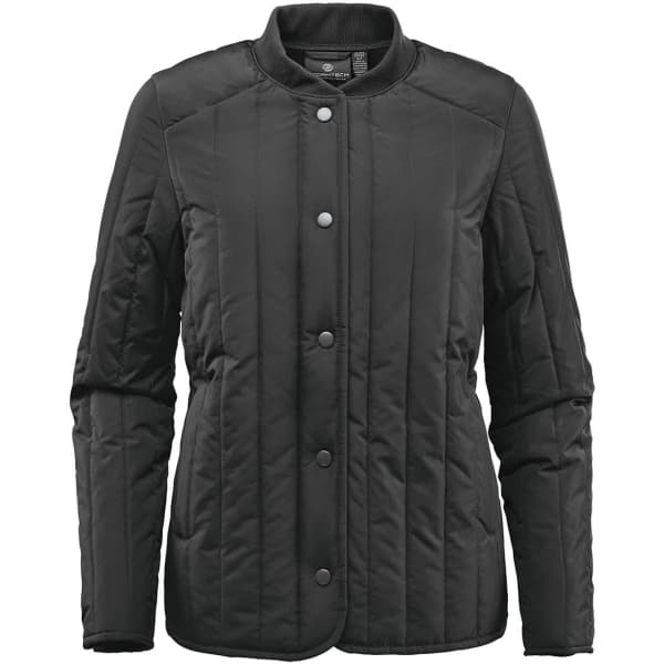 A black women's thermal jacket with a quilted design and snap button closure. It features a round neckline and long sleeves.