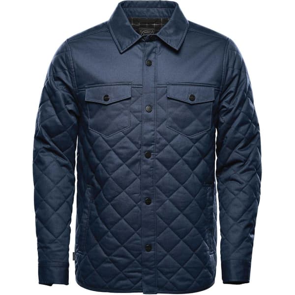 A men's quilted jacket in navy blue with a button front and two chest pockets, featuring a logo.