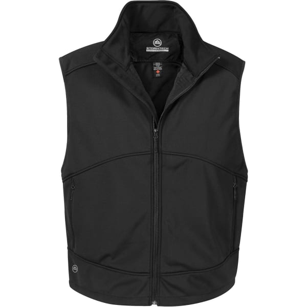 A black men's vest with a zip front, high collar, side pockets, and a logo. Suitable for layering in cooler weather.