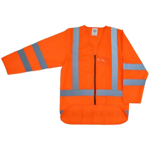 Hi Viz long sleeve unisex vest in bright orange with reflective silver stripes and a front zipper. Features branding.