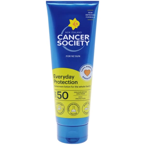 A tube of sunscreen with a blue and yellow design, featuring a logo and labelled for everyday protection.