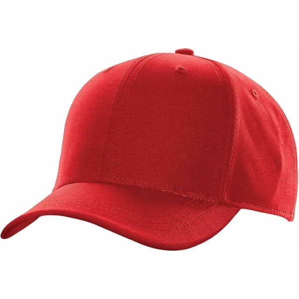 A red microfiber cap with a curved brim and a logo on the front.