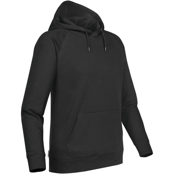A black mens hoodie with a kangaroo pocket, featuring a hood and long sleeves. It has a logo on it.