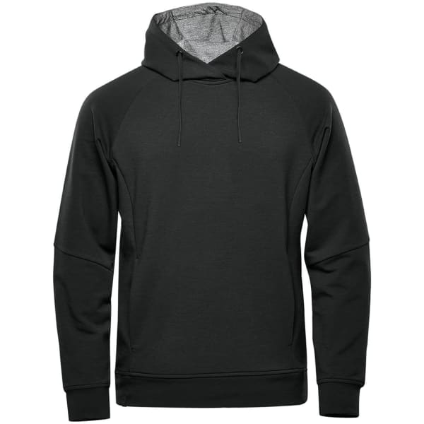 A black men's hoodie with a drawstring hood and a grey lining, featuring a logo on the front.